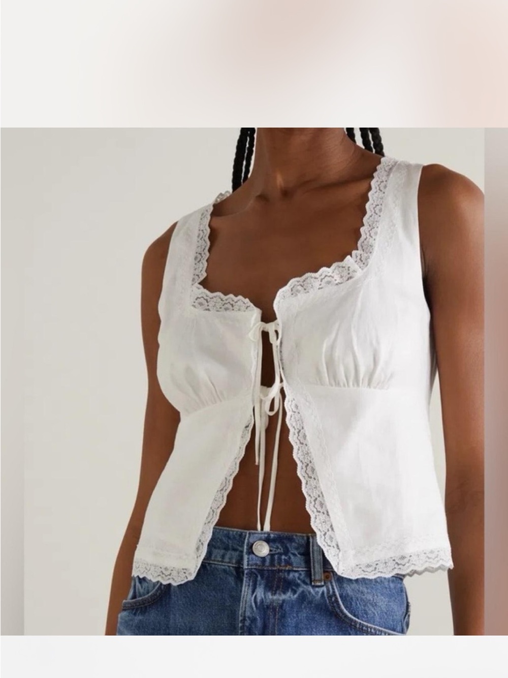 Reformation White Lace-Trim Tie-Front Camisole
